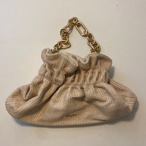 Cult Gaia, woven raffia cream colored bag with gold chain